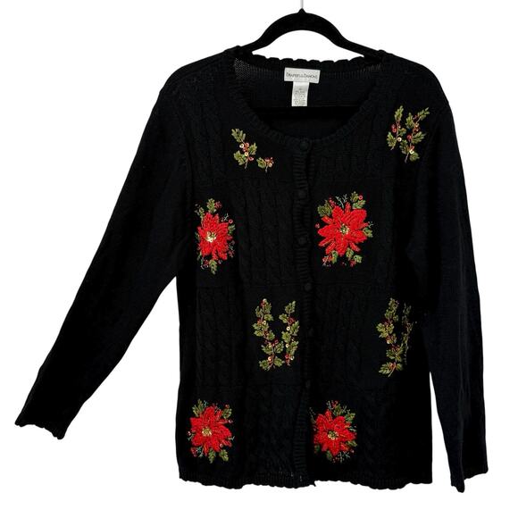 Drapers Damons Christmas Cardigan size XL Button Up Holly Poinsettia Embroidered - Picture 1 of 11